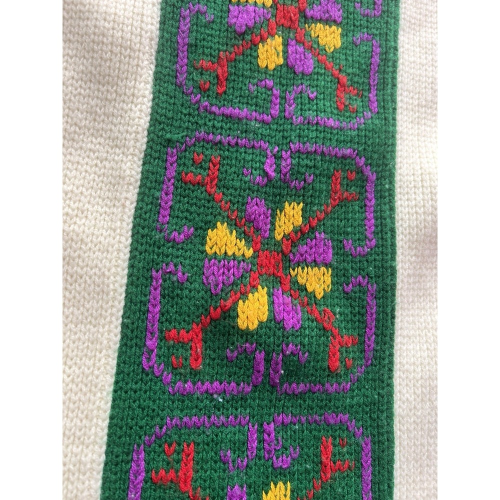 Vintage 60s Ivory Retro Floral Nordic Mod Embroidered Sweater Sz L - Picture 2 of 4